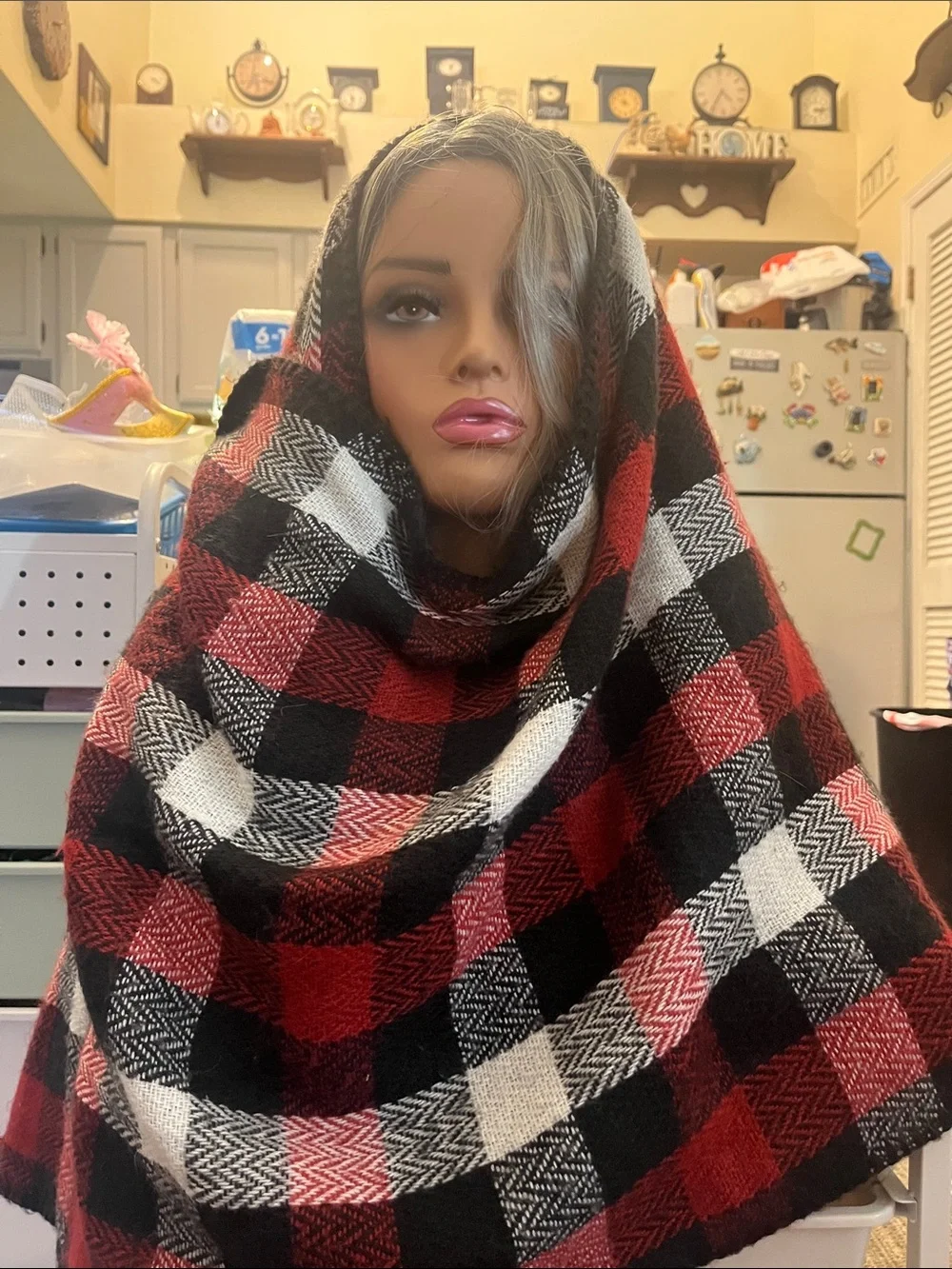 Plaid Knit Wrap Scarf - Red, Black & White reversible perfect for traveling S35